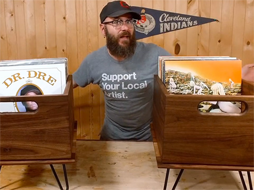 David Picciuto and his walnut record crates