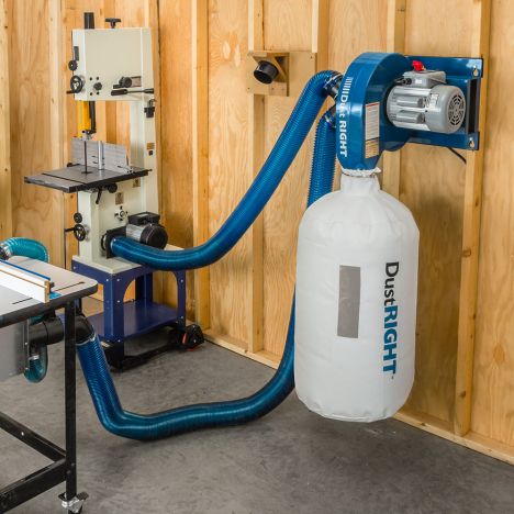 Rockler dust right dust collection system on workshop wall