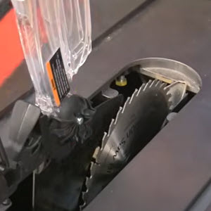close up of table saw blade in table saw
